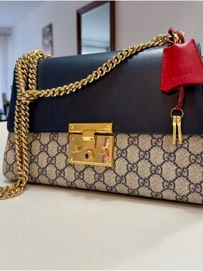 Gucci Black, Beige & Red Shoulder Bag with Gold Chain